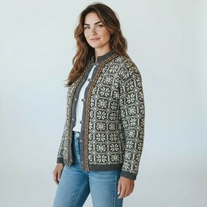 Nordstrikk Norway Wool Nordic Fair Isle Cardigan Pewter Front Folkloric Sweater